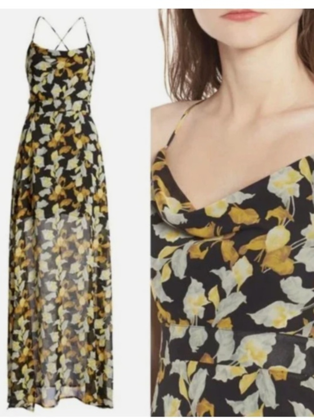 4SI3NNA Black Floral Cowl Neck Spaghetti Strap Maxi Dress